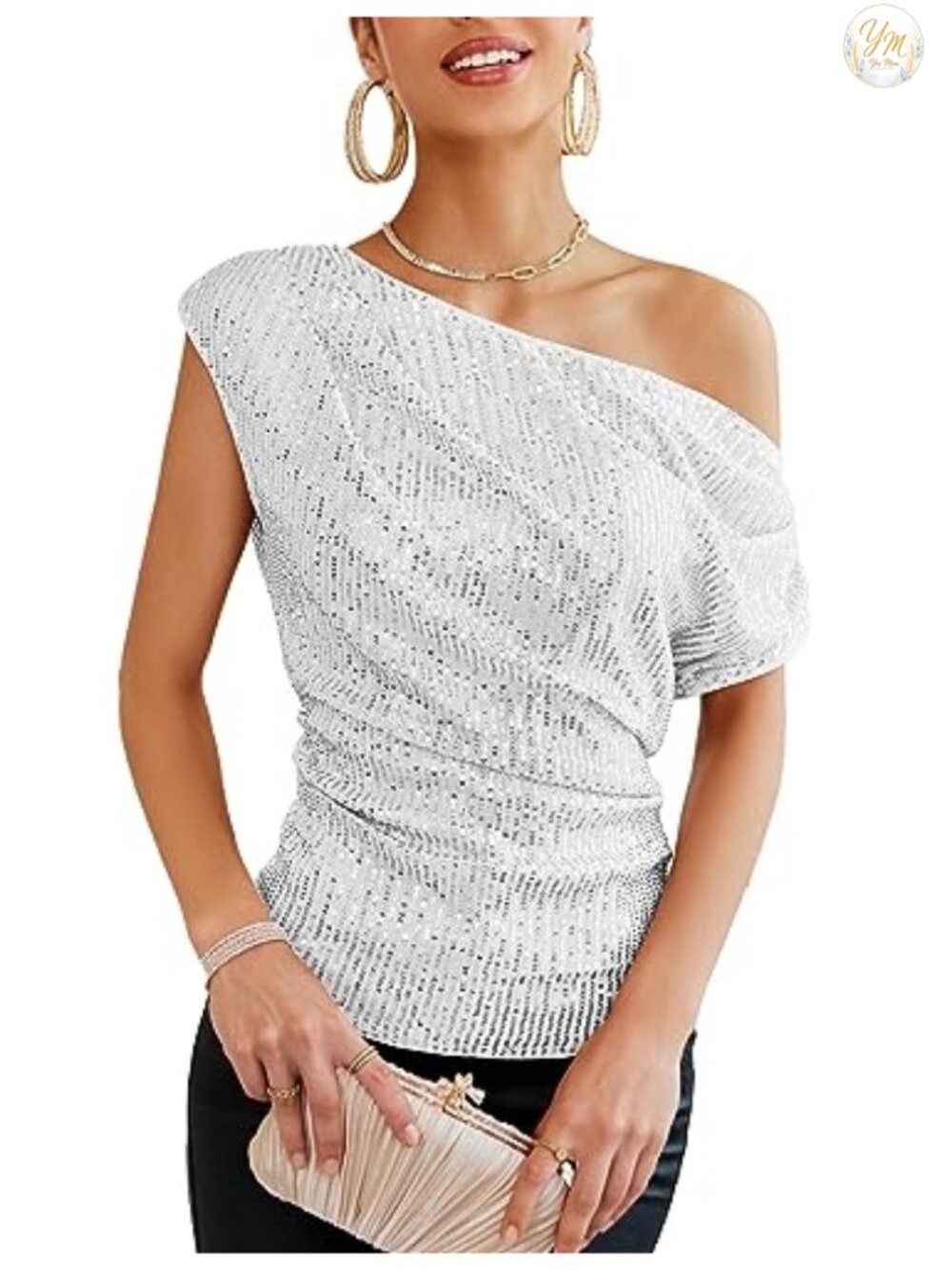 One Shoulder Sequin Sparkly Ruched Asymmetrical Party Top Women